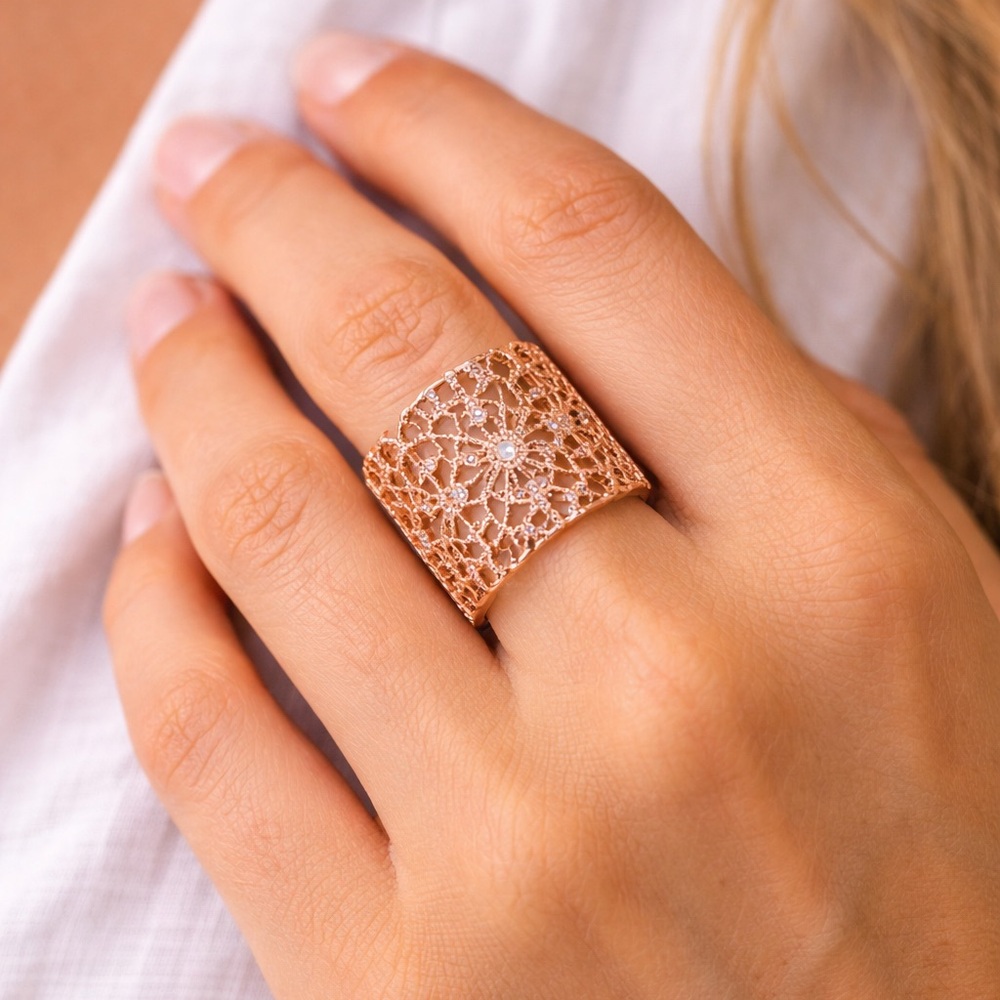 Rose Gold Filigree Adjustable Ring • CZ Pave Statement • Y2K Glam